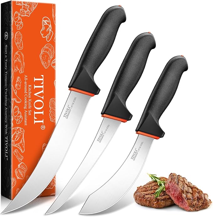 TIVOLI Butcher Knife Set 3pcs - Game Processing Knife Set with Gift Box - Non-Slip Softgrip & German Stainless Steel - Skinning Boning Trimming Knives for Meat - Gifts for Men and Women