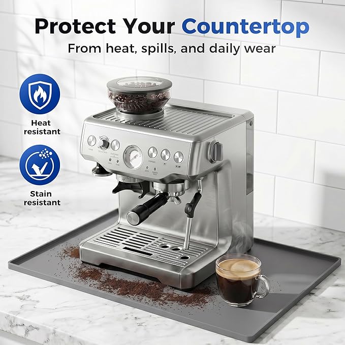 Golener Silicone Coffee Mat - 24" x 16" Coffee Bar Mat for Countertop with Raised Edges, Kitchen Station Pad, Accessories Fit Under Coffee Machine, Waterproof Dish Drying Mat, Heat Resistant, Gray