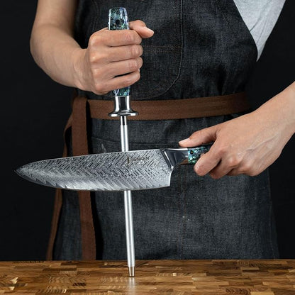 SENKEN 11-Piece Damascus Knife Block Set with Abalone Shell Handle - "Umi" Collection Japanese Chef Knife Set - 67-Layer Japanese VG10 Steel, Chef's Knife, Santoku, Paring, 4 Steak Knives & More