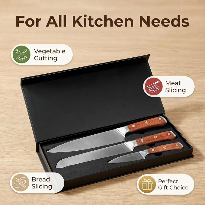 Rosewood Kitchen Knife Set - 3Pcs, Chef/Bread/Utility Knives, High Carbon Stainless Steel, Ultra Sharp, Simple & Practical Essential Kitchen Knife Set for Everyday
