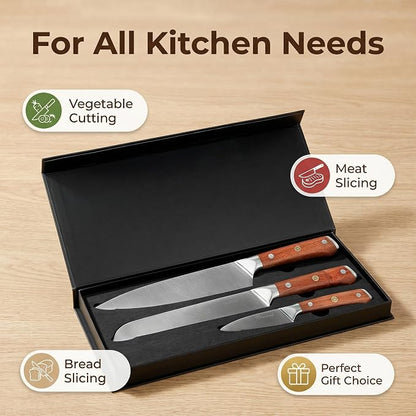 Rosewood Kitchen Knife Set - 3Pcs, Chef/Bread/Utility Knives, High Carbon Stainless Steel, Ultra Sharp, Simple & Practical Essential Kitchen Knife Set for Everyday