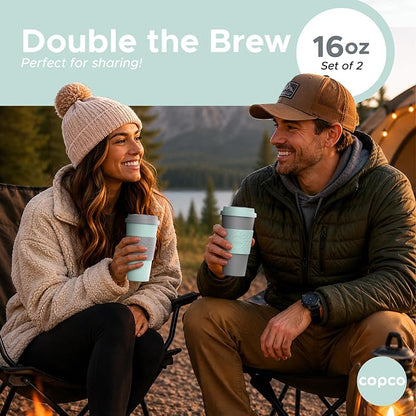 Copco Acadia 16oz Travel Mug with Lid, Set of 2 Double Wall Insulated Tumbler, Non-Slip Sleeve and BPA-Free - Microwave & Dishwasher Safe, Reusable Plastic To Go Travel Coffee Mug (Aqua/Gray)
