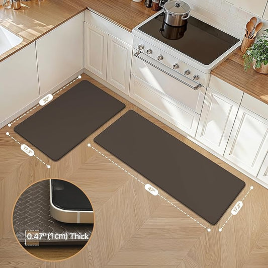 GENIMO Kitchen Mats for Floor 2PCs, Washable Anti Fatigue Mat for Cushioned, 17.3"x47"+17.3"x30", Waterproof Kitchen Rugs, Non Slip Comfort Standing Mat Rug for Home, Sink, Laundry, Chocolate Brown