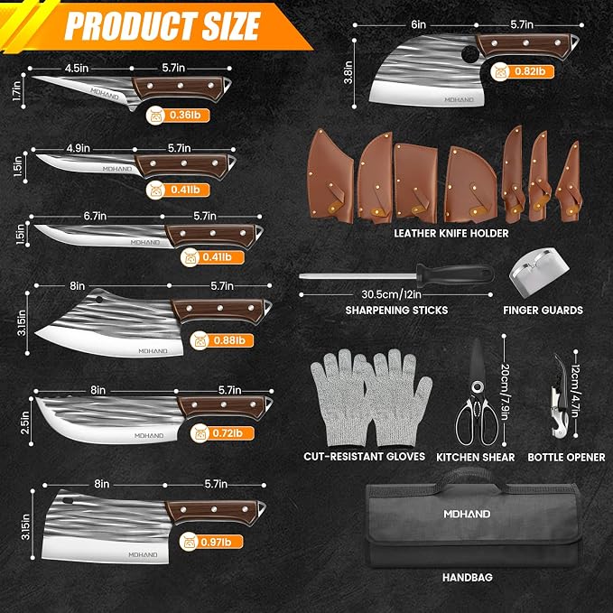 MDHAND Butcher Knife Set, Hand Forged Serbian Chef Knife Set with Roll Bag, Heavy Duty Meat Cleaver Knives, Boning Knife, Meat Cutting Knife for Home Kitchen & Camping BBQ, Gifts for Men Women