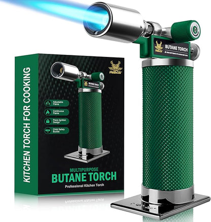 RAVS Butane Torch Lighter, Premium Metal Creme Brulee Torch with Adjustable Flame & Safety Buckle, Cooking Torch for Baking, BBQ, DIY, Green, Butane Gas Not Included