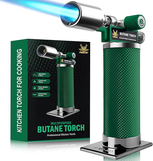 RAVS Butane Torch Lighter, Premium Metal Creme Brulee Torch with Adjustable Flame & Safety Buckle, Cooking Torch for Baking, BBQ, DIY, Green, Butane Gas Not Included