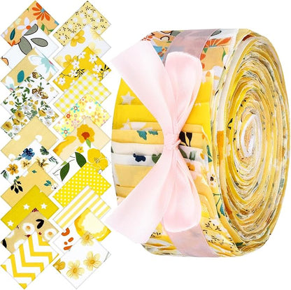 Kingdder Jelly Fabric Quilting Strips, Patchwork Roll 2.55 Inch Roll up Cotton Patchwork Jelly Fabric Craft for Quilters and Sewing DIY Crafts(Yellow Flower)