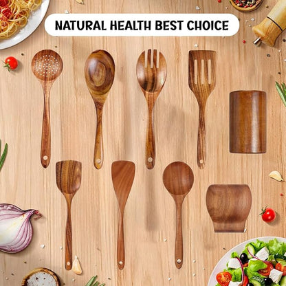 9 Pieces wooden utensil set premium cooking spoons wood cooking utensils teak wooden utensils set wood cooking utensils (9 Pieces Set)
