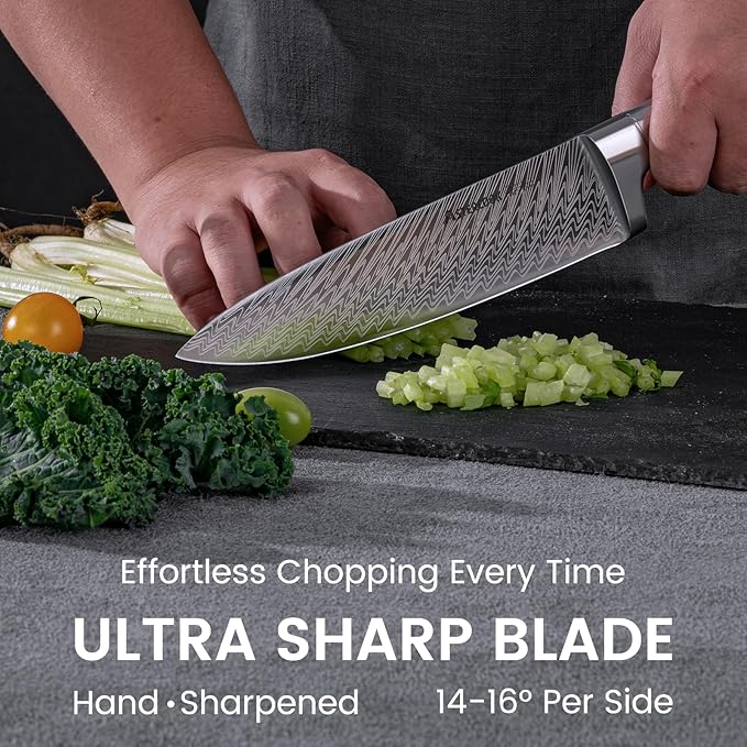 Knife Set, Astercook 15 Pieces Kitchen Knife Set with Built-in Sharpener, German Stainless Steel Knife Block Set, Razor-Sharp Knives with Full-tang Handle, Dishwasher Safe