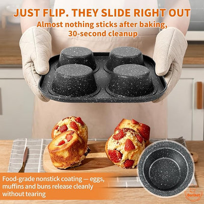 3-Pack 4-Cup Muffin Pan, Nonstick Granite Coating Carbon Steel Cupcake Pan Set, Standard Muffin Tin for Air Fryer Small Oven Baking, Easy Release, Nests Flat for Storage