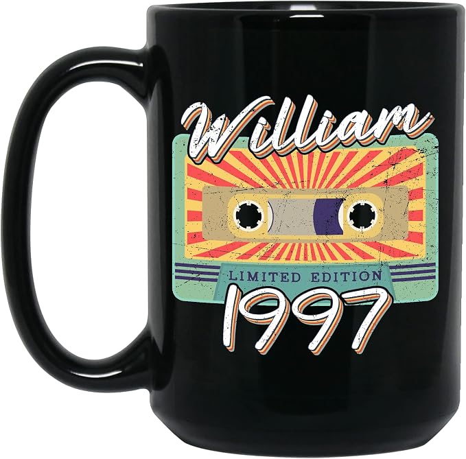 Personalized Vintage Cassette Tape Vintage 1997 Mug, Custom Your Name, 1997 Retro Coffee Mug, 25th Birthday Present Gifts, 1997 Birthday Gift For Friends Family, Customizable Black Tea Cups