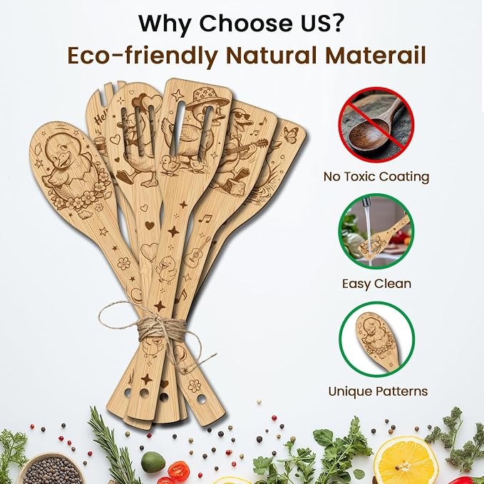 CUTHOLLOW 6PCS Funny Duck Wooden Kitchen Cooking Utensil Set, 11.9in Non Toxic Bamboo Wood Spoon Set for Cooking, Best Housewarming Birthday Thanksgiving Christmas Gift for Women Mother