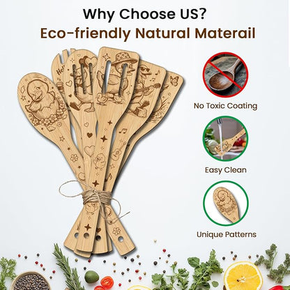 CUTHOLLOW 6PCS Funny Duck Wooden Kitchen Cooking Utensil Set, 11.9in Non Toxic Bamboo Wood Spoon Set for Cooking, Best Housewarming Birthday Thanksgiving Christmas Gift for Women Mother