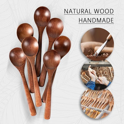 2 PCS Wooden Spoons for Eating, 7 inch Wooden Honey Spoons for Tea, Wood Teaspoons for Stirring Coffee, Hard Wood Table Spoon for Cooking, Small Serving Spoon for Soup, Desserts & Cereal