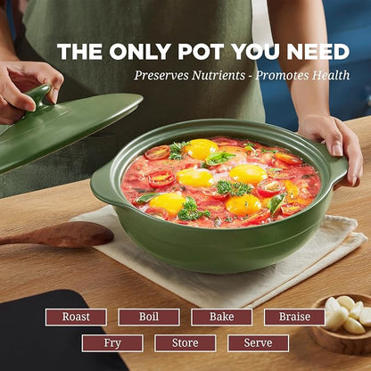 MINH LONG 2-Qt Porcelain Dutch Oven Pot with Lid – Non Toxic Clay Pot for Cooking on Gas & Infrared Cooktop, Lead & Cadmium Free, Oven Safe to 482°F, Heat Retention, Use to Marinate, Cook, Bake, Refrigerate & Serve