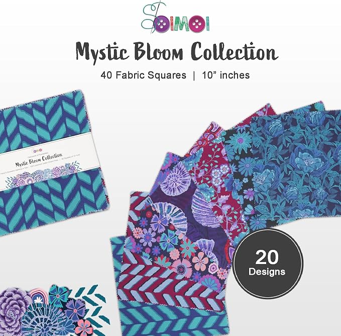 Soimoi 40 Pcs Cotton Fabric Squares Bundles Charm Packs for Quilting, Fat Quarter Layer Cakes, Precuts Quilt Squares 10 x 10 inches, DIY Fabric Bundle- Mystic Bloom Collection