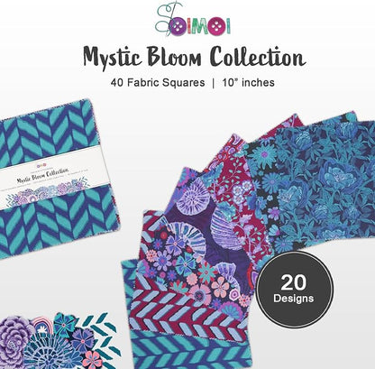 Soimoi 40 Pcs Cotton Fabric Squares Bundles Charm Packs for Quilting, Fat Quarter Layer Cakes, Precuts Quilt Squares 10 x 10 inches, DIY Fabric Bundle- Mystic Bloom Collection