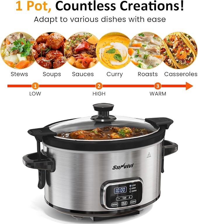 Sunvivi 4QT Programmable Slow Cooker with Locking Lid, Removable Ceramic Pot, 3 Heating Settings & Timer, Dishwasher-Safe, Stainless Steel