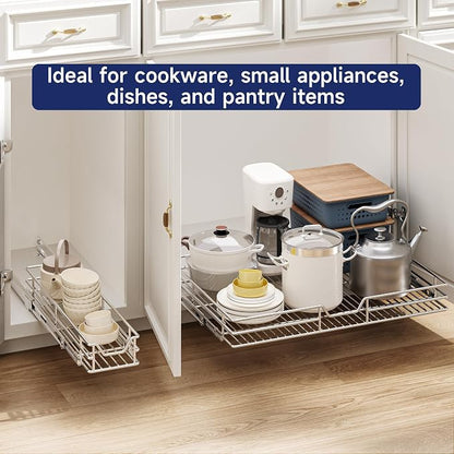 Pull Out Cabinet Organizer, 28.5" W x 21.5" D, Heavy Duty Chrome Slide Out Shelf for Wide Base Cabinets, Sliding Wire Basket Drawer for Pots, Pans, Appliances & Pantry Storage