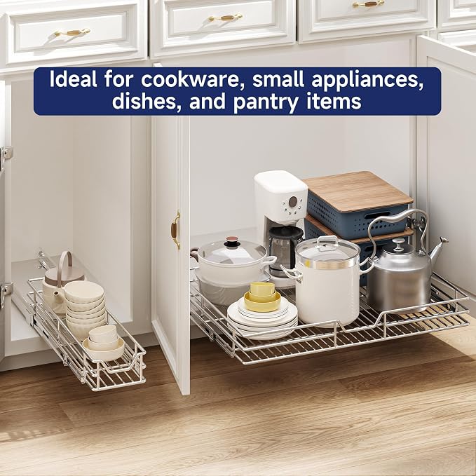 Pull Out Cabinet Organizer, 27" W x 21.5" D, Heavy Duty Chrome Slide Out Shelf for Wide Base Cabinets, Sliding Wire Basket Drawer for Pots, Pans, Appliances & Pantry Storage
