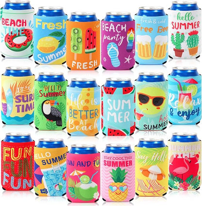 18 Pack Funny Can Cooler Sleeves Beer Drink Can Bottle Cooler Sleeves Cooler Collapsible for Summer Holiday Beach Themed Party Decorations Supplies Favors