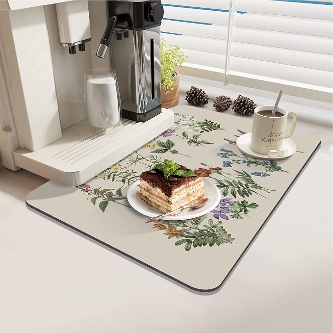 LOKHOM Dish Drying Mat for Kitchen Counter, 16"x20" Absorbent Coffee Bar Mat with Vintage Sage Flower Herbs, Dish Drainer Rack Mat for Kitchen Counter