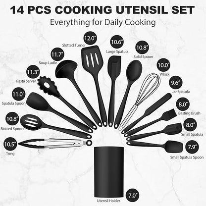 LIANYU 14 Pcs Silicone Kitchen Utensils Set with Holder, 446°F Heat Resistant Silicone Cooking Kitchen Utensils Spatula Set, Non-Stick & Dishwasher Safe Cooking Tools, Comfort Grip Handle, Black