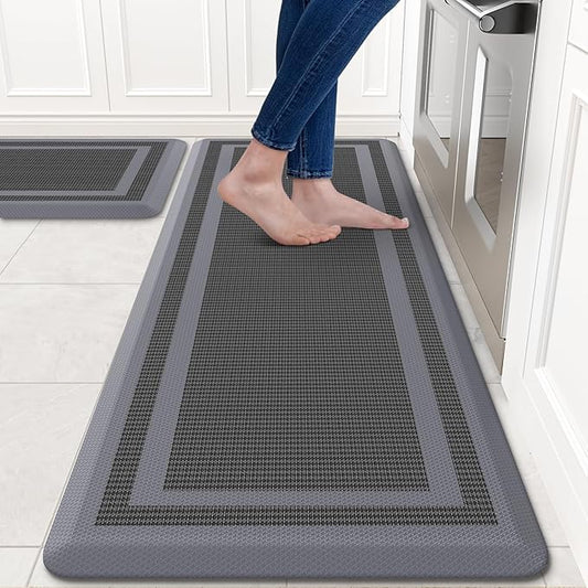 KitchenClouds [2 PCS] Kitchen Rugs Cushioned Anti-Fatigue Kitchen Mats for Floor Waterproof Kitchen Rug Set Non-Slip Comfort Standing Mat for Office, Sink, Laundry 17.3"×29"+17.3"×47", Grey