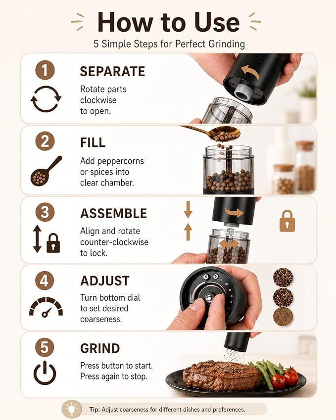 Electric Salt and Pepper Grinder Set-Rechargeable Salt and Pepper Mill Set All in One, Automatic Refillable Adjustable Coarseness Ceramic Grinder, Salt and Pepper Shakers for Kitchen Gadgets