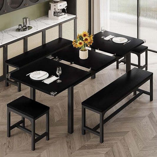 iPormis Extendable Dining Table Set for 4 6 8, Black Kitchen Table with 2 Benches and 2 Square Stools, Classic Dining Room Table with Stable Metal Base, Space Saving