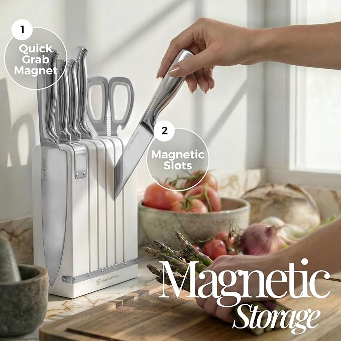 Magnetic Knife Set with Sharpener - Space Saving Convertible In Drawer Knife Block with Stainless Steel Kitchen Knives - Knife Drawer Organizer, German Steel Knife Set