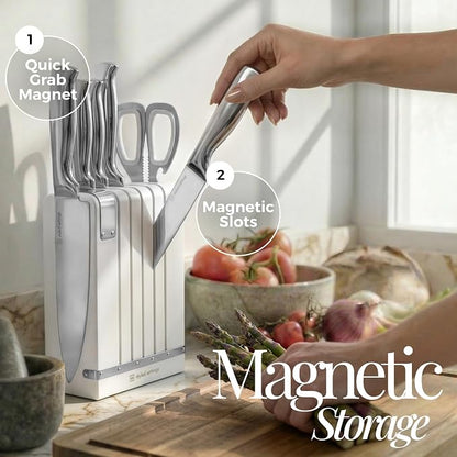 Magnetic Knife Set with Sharpener - Space Saving Convertible In Drawer Knife Block with Stainless Steel Kitchen Knives - Knife Drawer Organizer, German Steel Knife Set