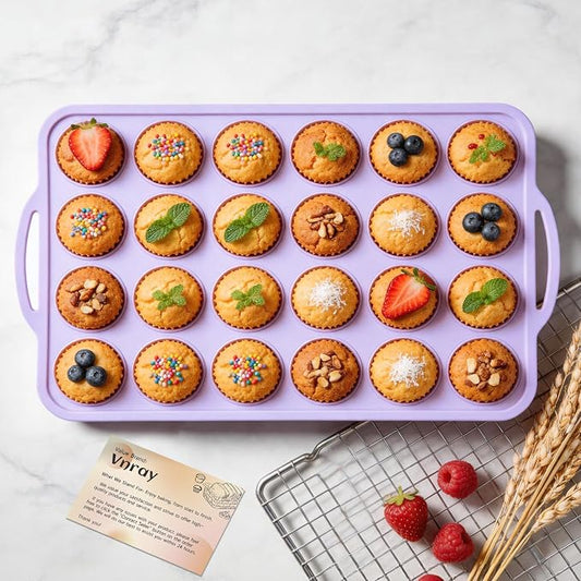 Mini Silicone Muffin Pan with Metal Frame, Non Stick Silicone Cupcake Pan with Handles 24 Cup, BPA Free Silicon Muffin Tin Tray Small for baking, egg bites, Cupcake Mold Purple