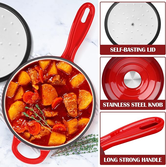 E-far Enameled Cast Iron Sauce Pan, 3 Quart Dutch Oven Saucepan with Lid, Small Sauce Pot for Cooking, Boiling, Healthy & Non Toxic, Induction & Oven Safe, Red