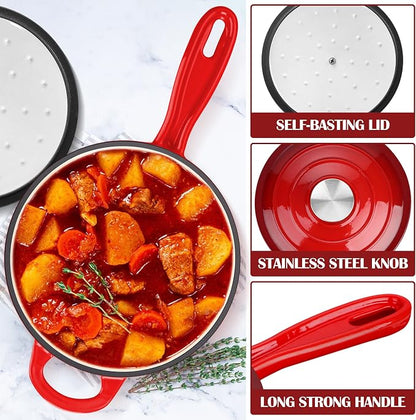 E-far Enameled Cast Iron Sauce Pan, 3 Quart Dutch Oven Saucepan with Lid, Small Sauce Pot for Cooking, Boiling, Healthy & Non Toxic, Induction & Oven Safe, Red