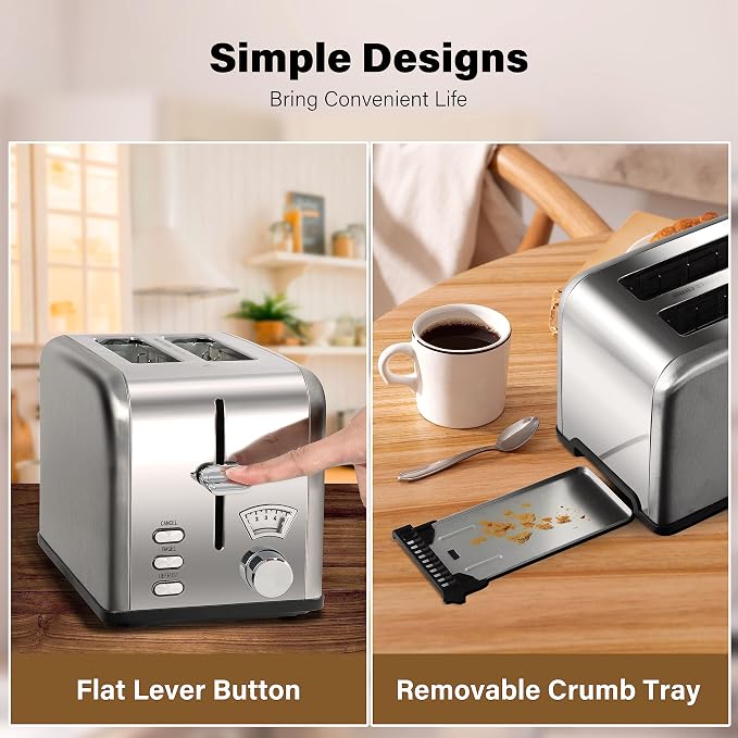Simple Deluxe Stainless Steel Toaster 2 Slice with 1.5” Wide Slot & Removable Crumb Tray, 5 Shade Options and Bagel/Defrost/Cancel Functions, for Various Bread & Waffle, Retro Silver