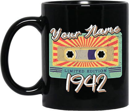 Personalized Vintage Cassette Tape Vintage 1942 Mug, Custom Your Name, 1942 Retro Coffee Mug, 80th Birthday Present Gifts, 1942 Birthday Gift For Friends Family, Customizable Black Tea Cups