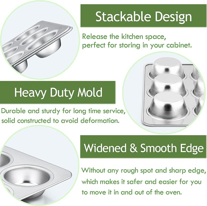 Herogo 12-Cup Stainless Steel Muffin Pan Tin for Baking, Metal Cupcake Tray Set for Making Egg Muffin Quiches, Mini Brownie, Easy to Clean & Quick Release, Oven & Dishwasher Safe
