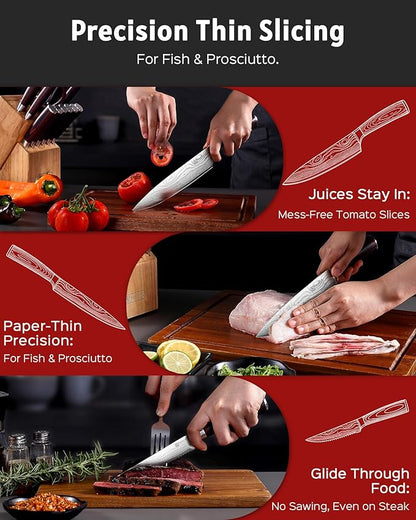 PAUDIN Kitchen Knife Set with Block, 14 Pieces Knife Sets for Kitchen with Block, High Carbon German Stainless Steel Sharp Chef Knife Set with Ergonomic Pakkawood Handle