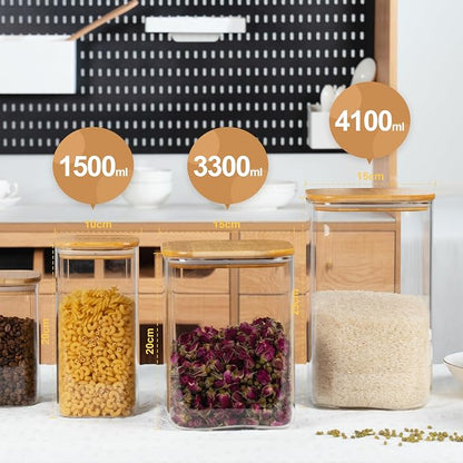 D2scrma 149oz 50oz Airtight Glass Square Storage Canister with Bamboo Lid Set of 2(4400ml*1 1500ml*1) Large Gallon Glass Jars for Sugar, Flour, Cookies and Coffee beans (‎with Black Lable)