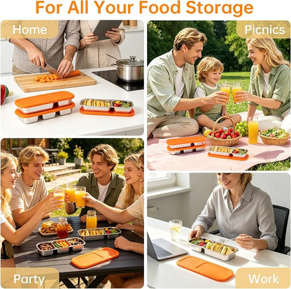 BEFOY 4 Pack Stainless Steel Snack Containers with Lids, 2-Compartments Reusable Bento Lunch Box for Adults, Food Storage Containers Divided Meal Prep Box for Home, Work, Travel (2 Compartments)