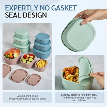 ISSEVE 6Pcs/Set Nesting Silicone Food Storage Containers with Lids, BPA Free Reusable Meal Prep Silicone Containers Lunch Box Bento Box Set (33.8oz, 20oz, 10oz, 6.7oz, 1.3oz) (Green)