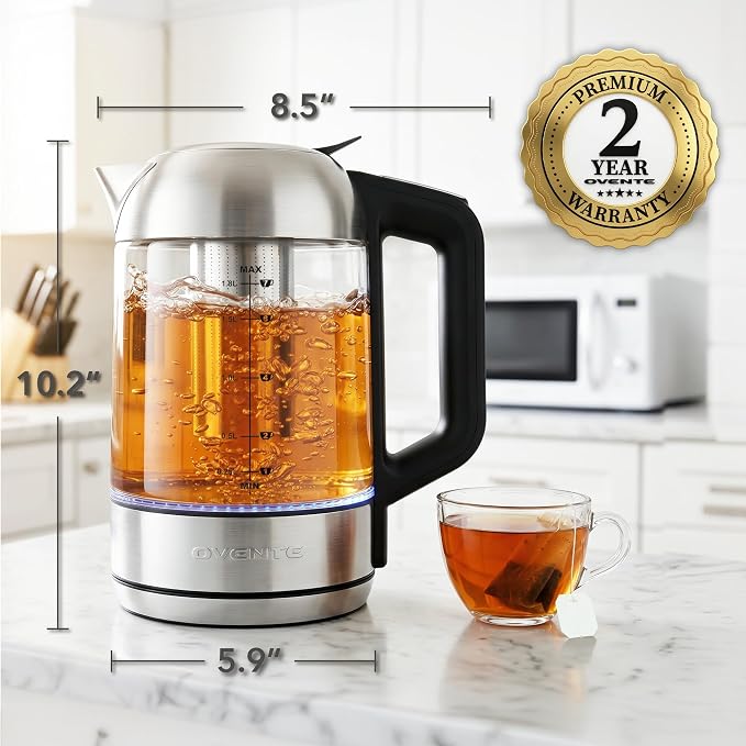 OVENTE Digital Glass Electric Kettle with Temperature Control, 1.8L Cordless Electric Tea Kettle with 7 Presets, Water Boiler Electric Pot, Keep Warm Function, Auto Shut-Off, Silver KGD752S
