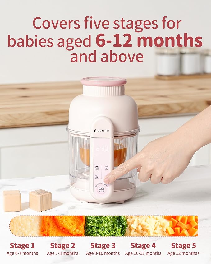 AMZCHEF Baby Food Maker with Auto Steam & Blend, 9-in-1 Baby Puree Maker with Food-grade glass, BPA-Free & Easy Cleaning, Touch Screen, Dishwasher Safe, Off-white