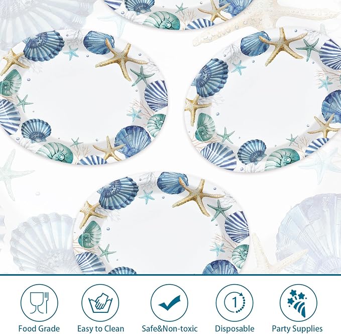 50Pcs Coastal Beach Oval Paper Plates 10" x 12" Large Disposable Heavy Duty Ocean Seashell Starfish Dessert Platters for Under the Sea Summer Hawaiian Picnic BBQ Holiday Birthday Party Decorations