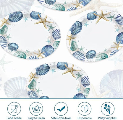 50Pcs Coastal Beach Oval Paper Plates 10" x 12" Large Disposable Heavy Duty Ocean Seashell Starfish Dessert Platters for Under the Sea Summer Hawaiian Picnic BBQ Holiday Birthday Party Decorations