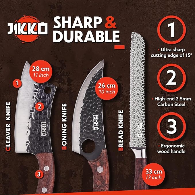Jikko New Reinforced Carbon Steel Japanese Kitchen Knife Set – DiamondRazor Series – Ultra Sharp Japanese Knife Set & Chef Knife Set with Mahogany Wood Handles – Professional Chef's Knives