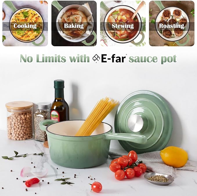 E-far 1Qt & 2Qt Sauce Pan Set, Enameled Cast Iron Saucepans Pot with Self-basting Lids, Heavy Duty Small Dutch Oven for Stove, Induction-Ready & Easy Clean, Pistachio Green