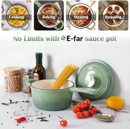 E-far 1Qt & 2Qt Sauce Pan Set, Enameled Cast Iron Saucepans Pot with Self-basting Lids, Heavy Duty Small Dutch Oven for Stove, Induction-Ready & Easy Clean, Pistachio Green