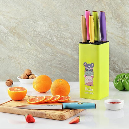 Knife Set, Vituer 7PCS Stainless Steel Kitchen Knife Block Set, Dishwasher Safe (Stylish Animal Characters)